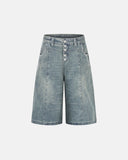 mens baggy denim jorts with panel design and longline fit