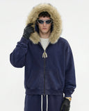 Faux Fur Collar Distressed Zip Up Hoodies | Inflation Streetwear