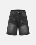 black washed denim shorts above knee