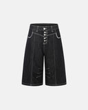 deconstructed raw denim jorts with button fly and contrast stitching