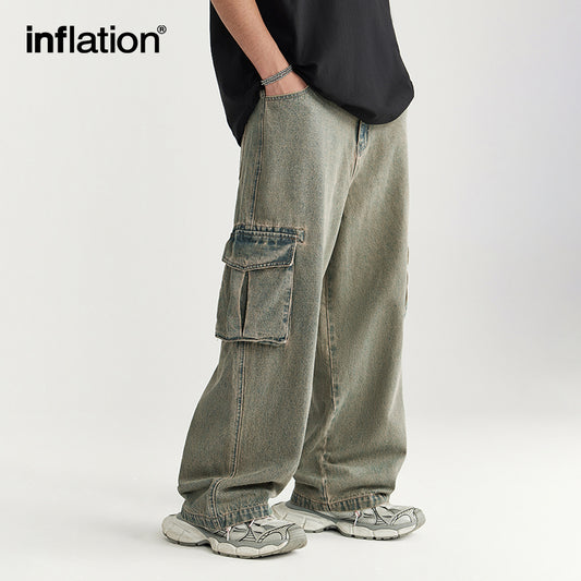 INFLATION Street Style Acid Washed Cargo Jeans