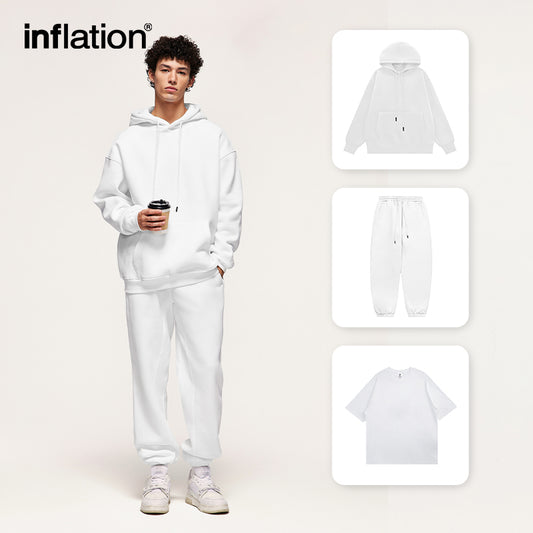 INFLATION White 350gsm Fabric Premium Hoodie and Sweatpant Set in White