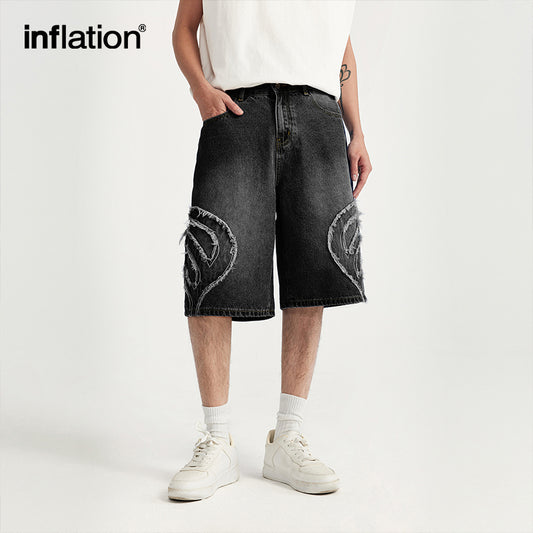INFLATION Black Distressed Fringe Jeans Shorts