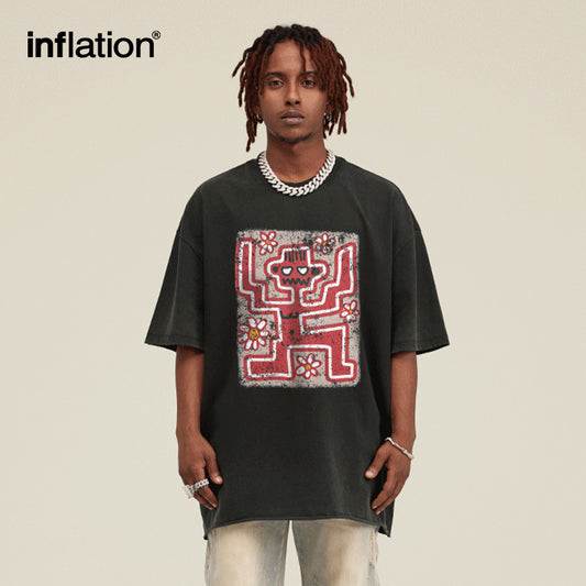 INFLATION Retro washed distressed fun printed Vintage street short-sleeved T-shirt - INFLATION