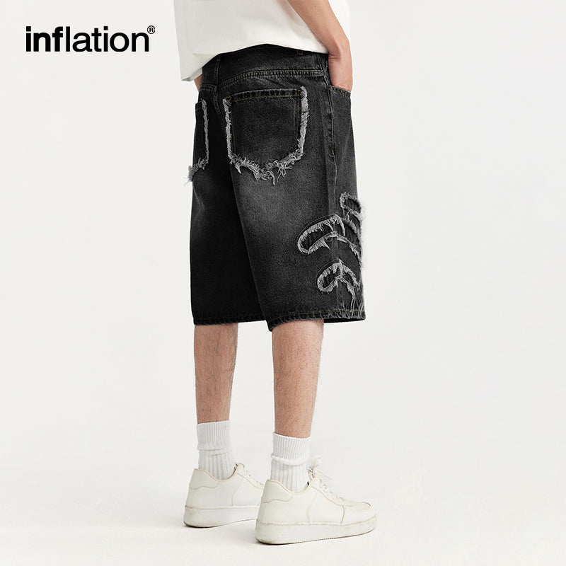 INFLATION Black Distressed Fringe Jeans Shorts - INFLATION