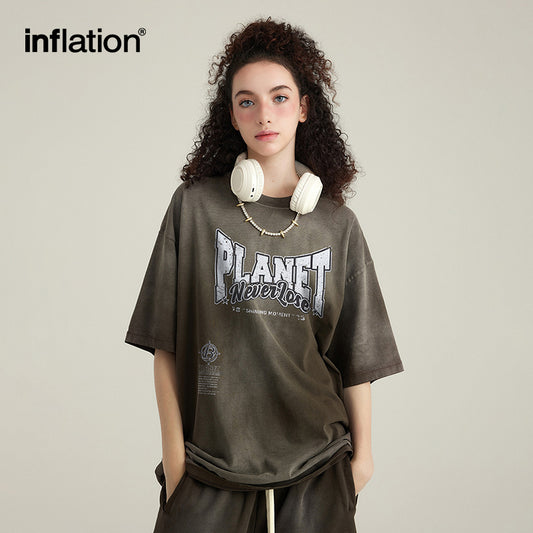 INFLATION Pure cotton spray-dyed washed distressed retro printed short-sleeved T-shirt - INFLATION