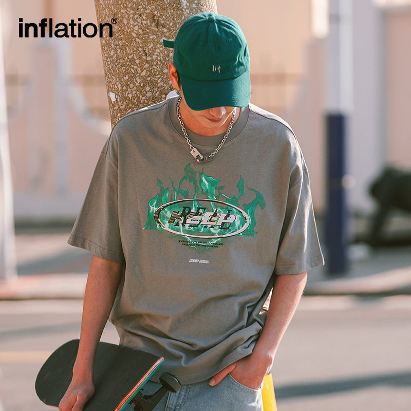 INFLATION Drop Shoulder Letter & Fire Cotton Graphic Tshirt - INFLATION