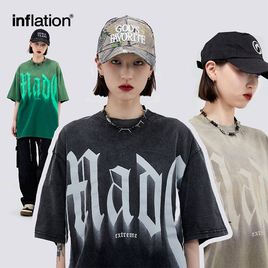 INFLATION Washed distressed loose letter 250g short-sleeved T-shirt - INFLATION