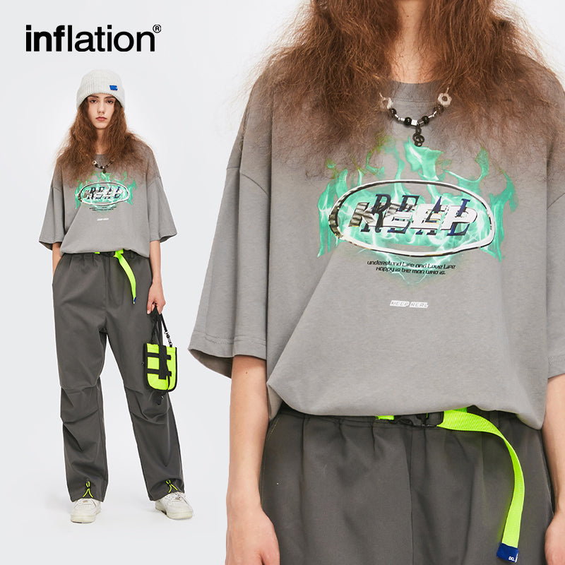 INFLATION Drop Shoulder Letter & Fire Cotton Graphic Tshirt - INFLATION