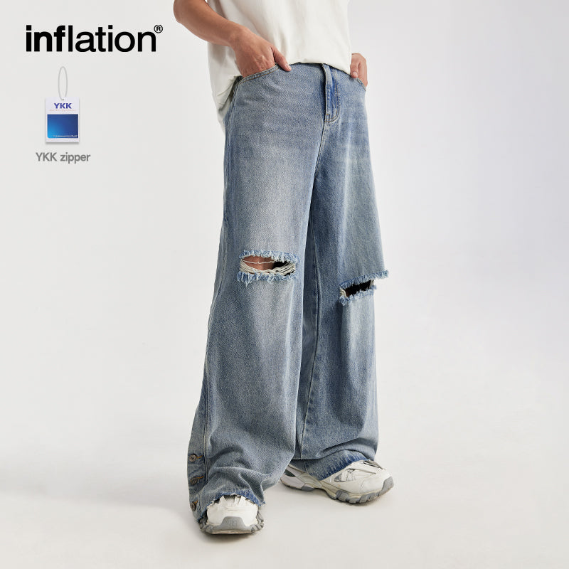 INFLATION Ripped Wide Leg Jeans with Side Breasted - INFLATION