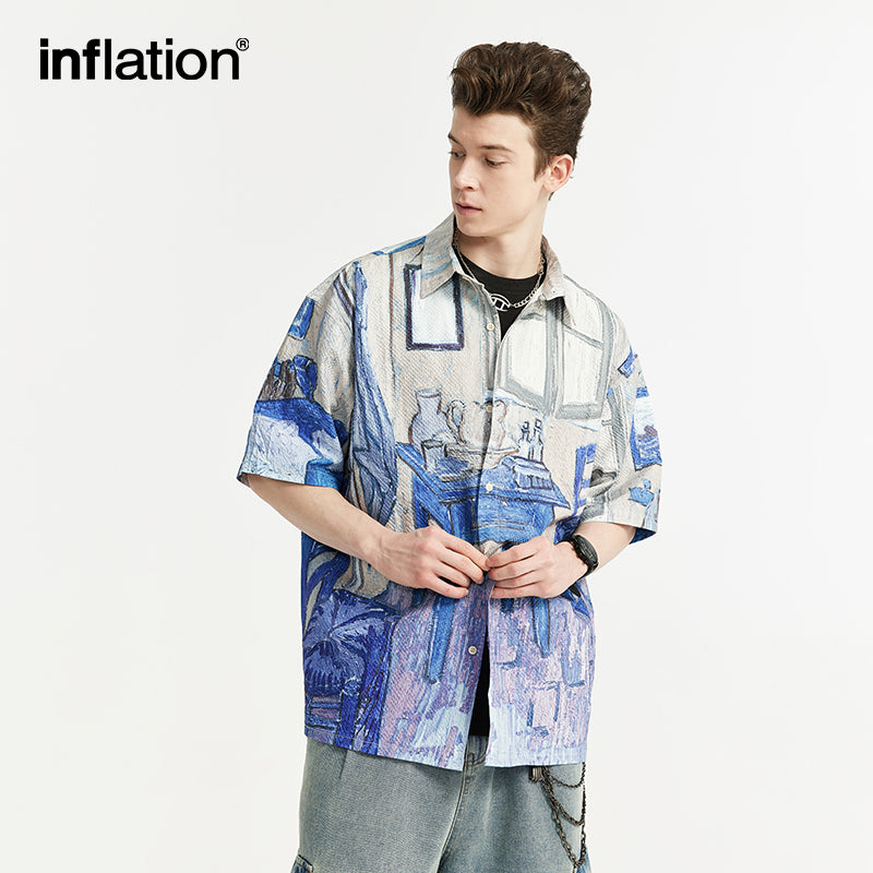 INFLATION Streetwear Printed Seersucker Shirts - INFLATION