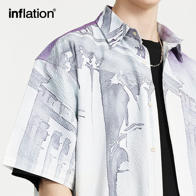 INFLATION Funny Graphic Printed Seersucker Shirts Men Streetwear - INFLATION