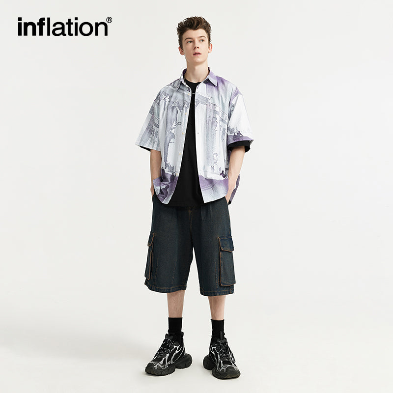 INFLATION Funny Graphic Printed Seersucker Shirts Men Streetwear - INFLATION
