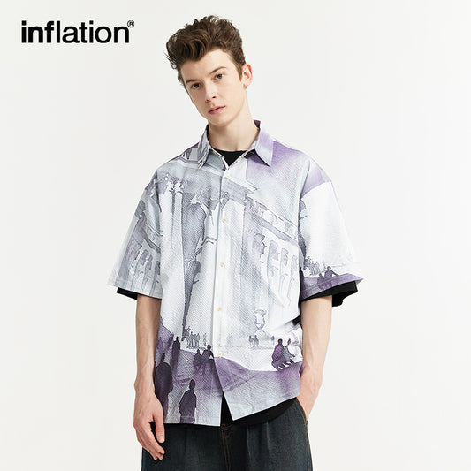 INFLATION Funny Graphic Printed Seersucker Shirts Men Streetwear