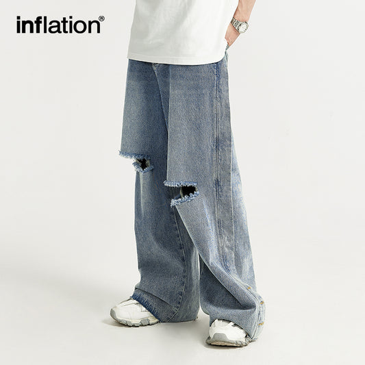 INFLATION Ripped Wide Leg Jeans with Side Breasted