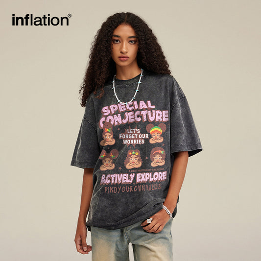 INFLATION Summer pure cotton fun washed printed short-sleeved T-shirt - INFLATION
