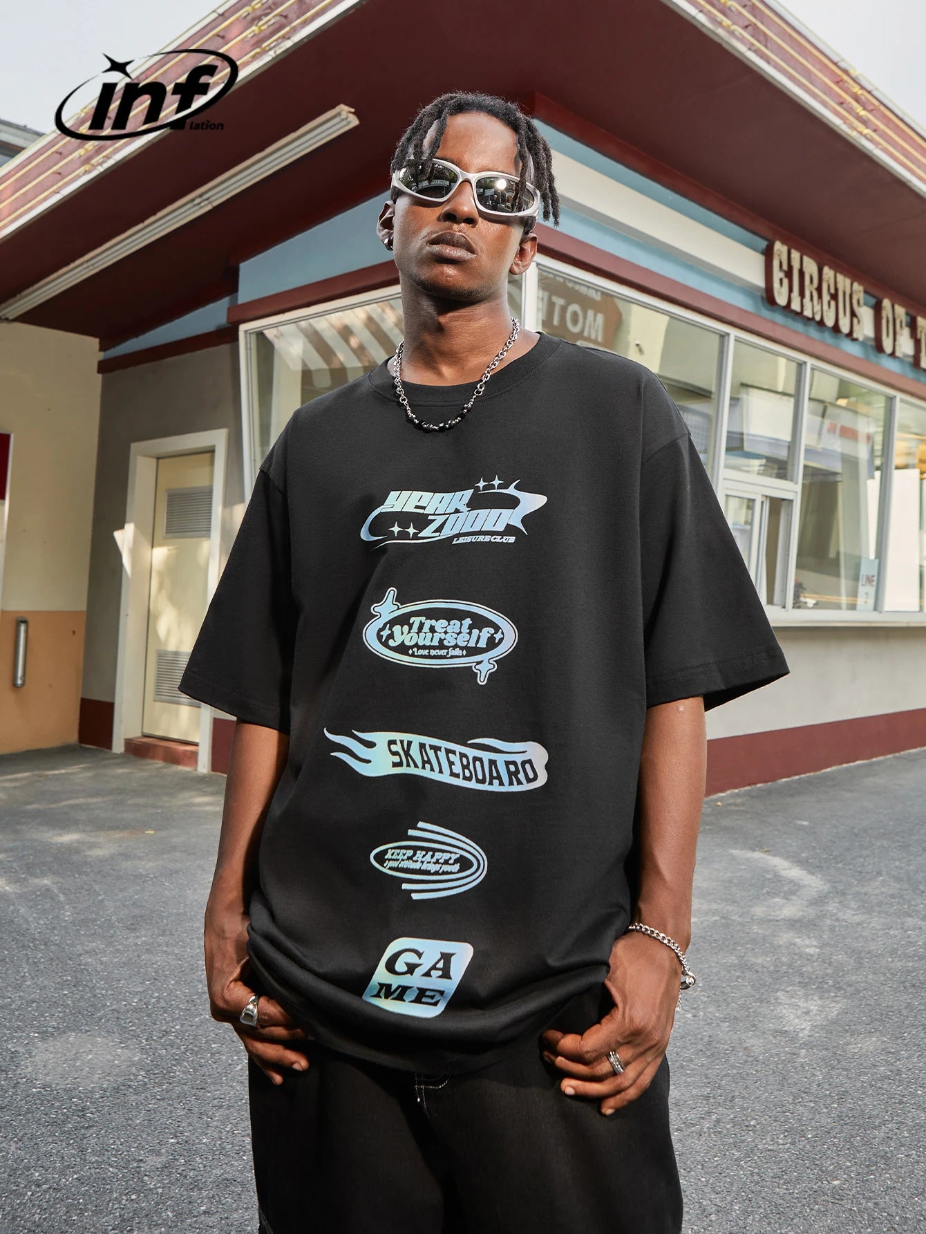INFLATION Black Graphic Hip Hop Tshirts - INFLATION