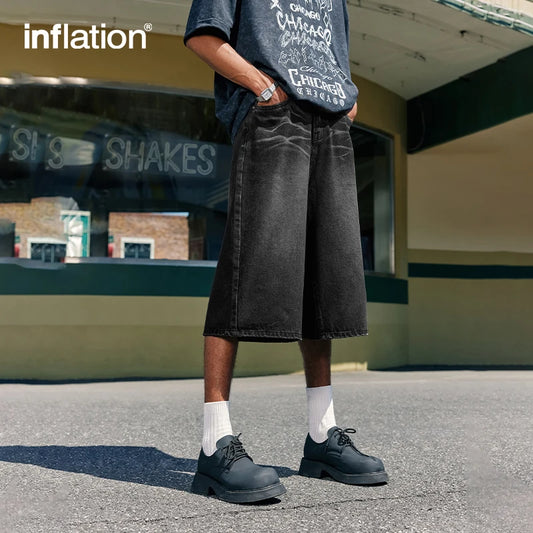 INFLATION Black Wide Leg Jeans Shorts