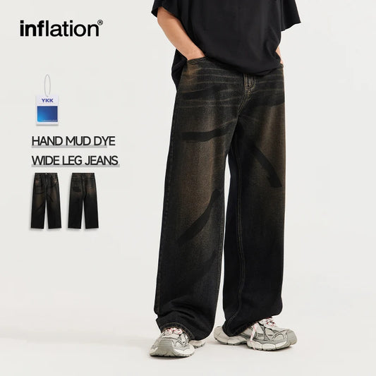 INFLATION Dyeing Wide-leg Dirty Jeans Men Streetwear
