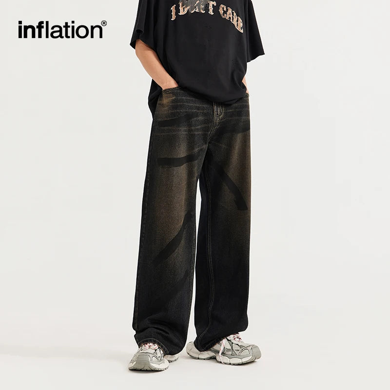 INFLATION Dyeing Wide-leg Dirty Jeans Men Streetwear