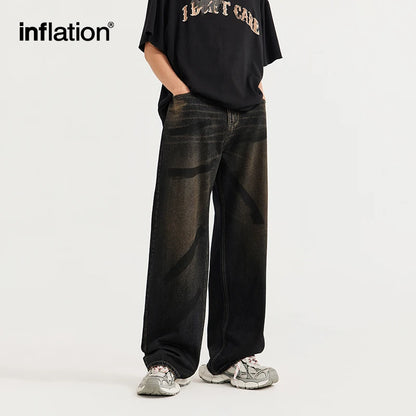 INFLATION Dyeing Wide-leg Dirty Jeans Men Streetwear - INFLATION