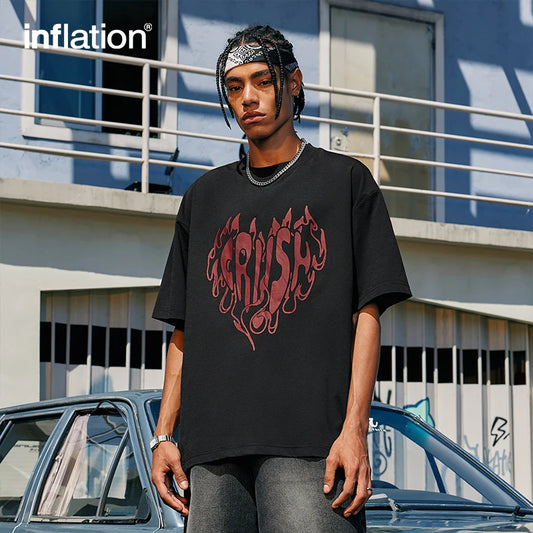 INFLATION Heart Flame Letter Printed Cotton Tees - INFLATION