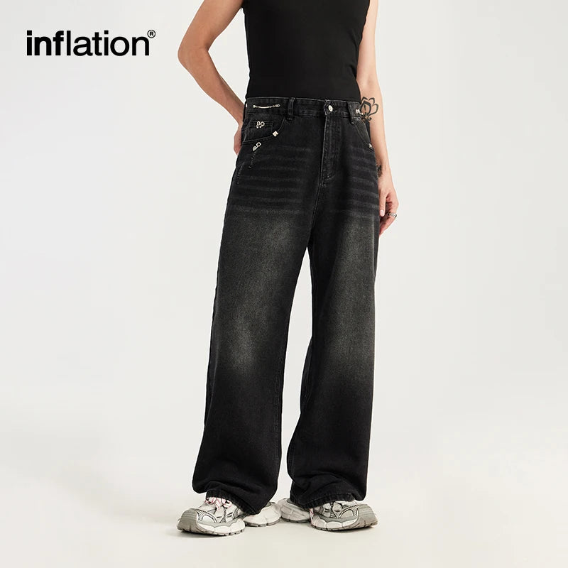 INFLATION High Street Metal Patched Wide-leg Jeans - INFLATION