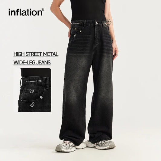 INFLATION High Street Metal Patched Wide-leg Jeans