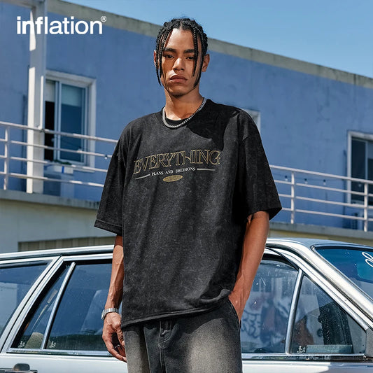 INFLATION Distressing Effect Letter Graphic Drop Shoulder Tshirts - INFLATION