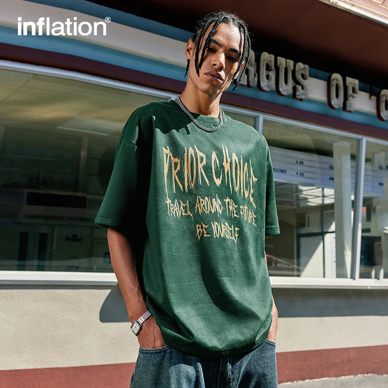 INFLATION Slogan Printed Suede Drop Shoulder Tees Streetwear - INFLATION