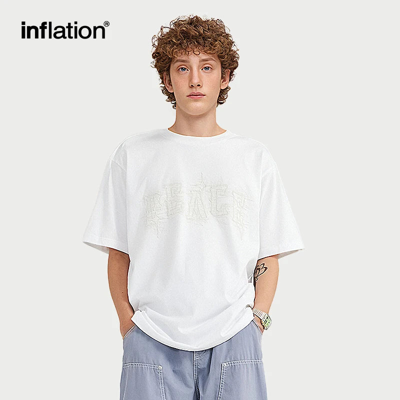 INFLATION Trendy "PEACE" Puff Printed Oversize Cotton Tees - INFLATION