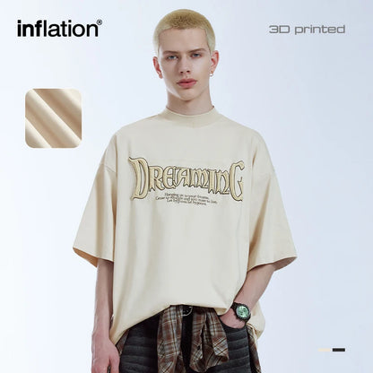INFLATION Retro 3D Puff Printed Mock Neck Oversized Tees - INFLATION