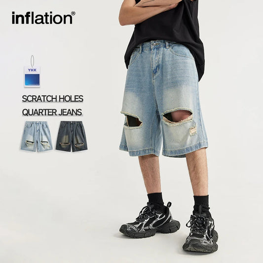 INFLATION Washed Ripped Holes Denim Shorts