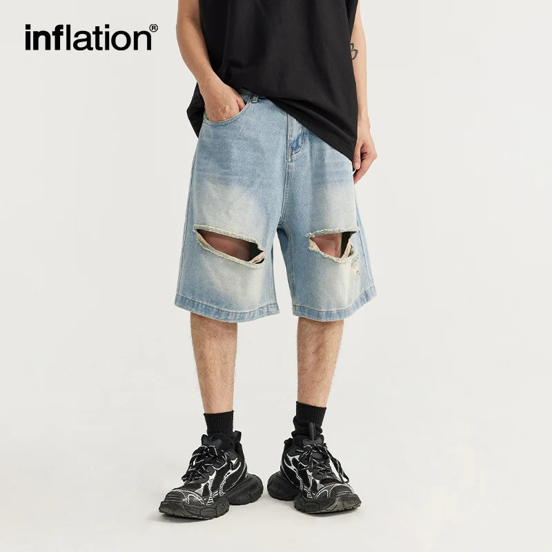 INFLATION Washed Ripped Holes Denim Shorts - INFLATION