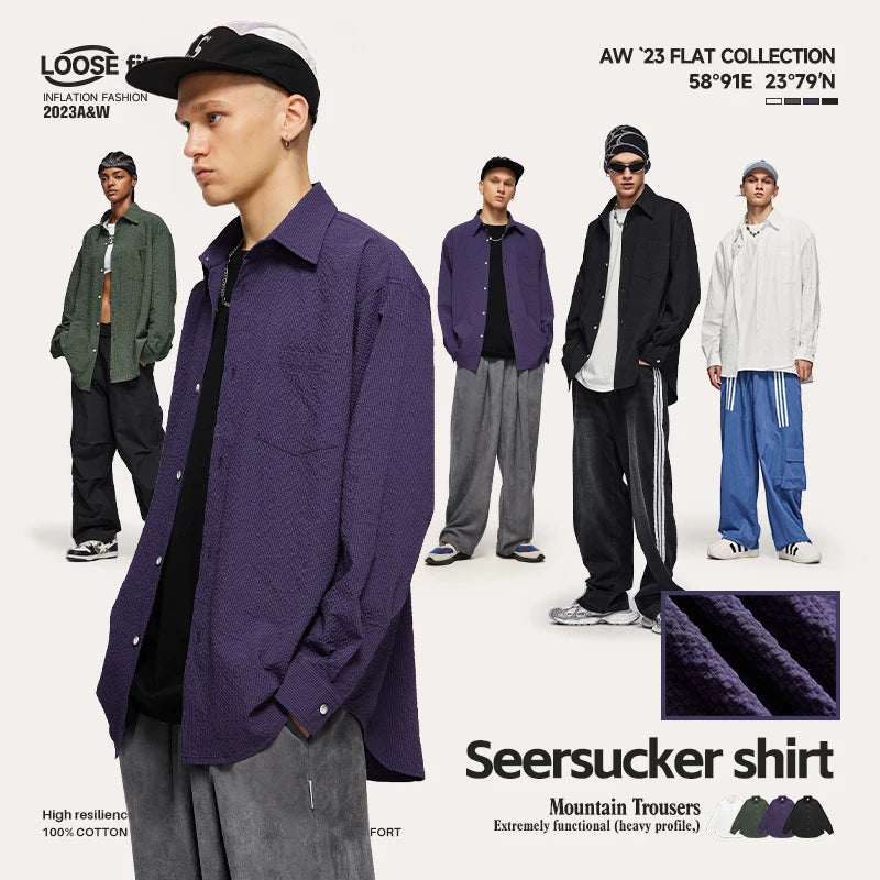 INFLATION Seersucker Textured Long Sleeved Shirts Unisex - INFLATION