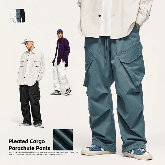 INFLATION Streetwear Pleated Cargo Parachute Pants - INFLATION