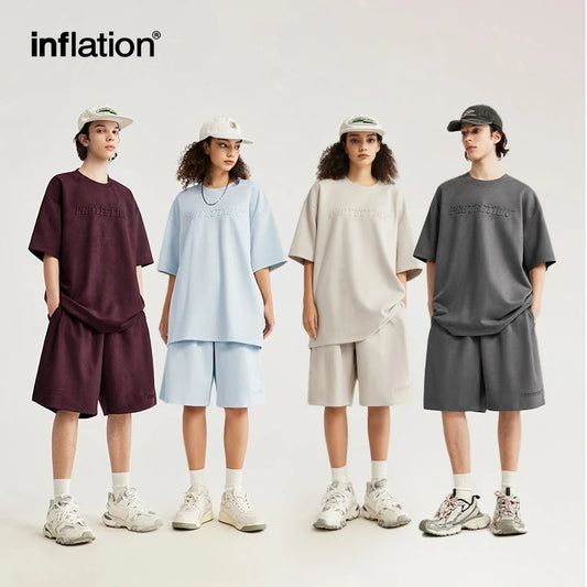 INFLATION Suede Fabric Embossed T-shirts and Shorts Set