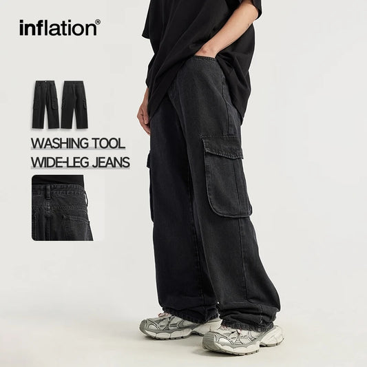INFLATION Trendy Washed Wide Leg Cargo Jeans