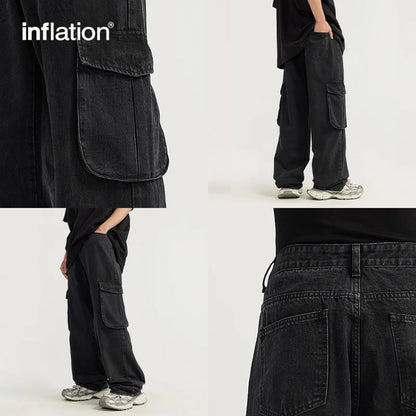 INFLATION Trendy Washed Wide Leg Cargo Jeans - INFLATION