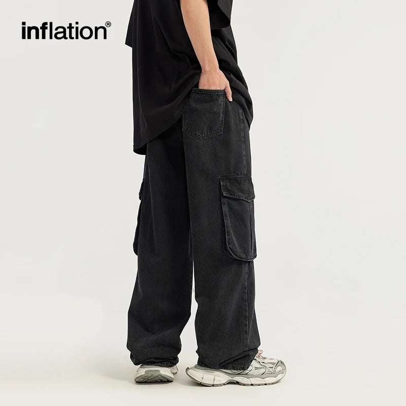 INFLATION Trendy Washed Wide Leg Cargo Jeans - INFLATION