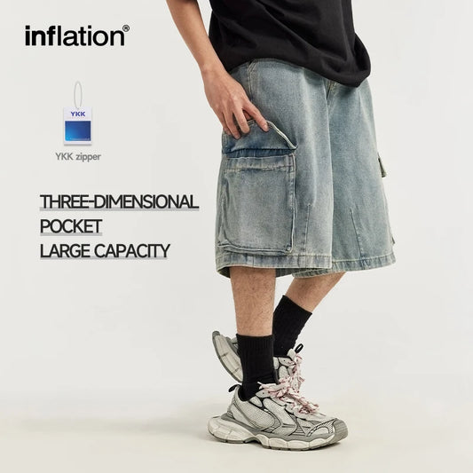 INFLATION Distressed Washed Wide Leg Cargo Jeans Shorts
