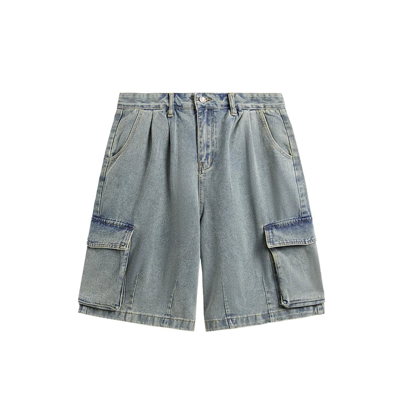 INFLATION Distressed Washed Wide Leg Cargo Jeans Shorts - INFLATION