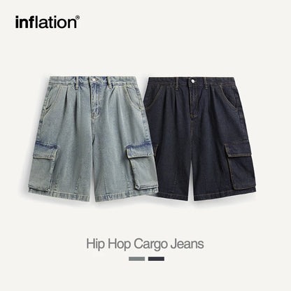 INFLATION Distressed Washed Wide Leg Cargo Jeans Shorts - INFLATION