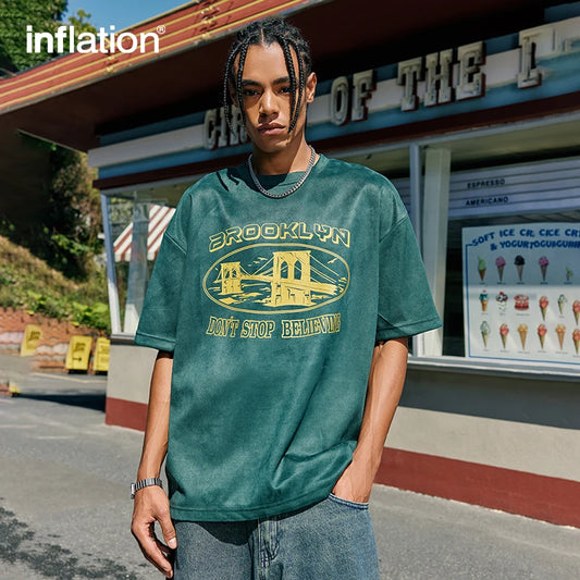 INFLATON Faux Suede Fabric Graphic Drop Shoulder Tees - INFLATION