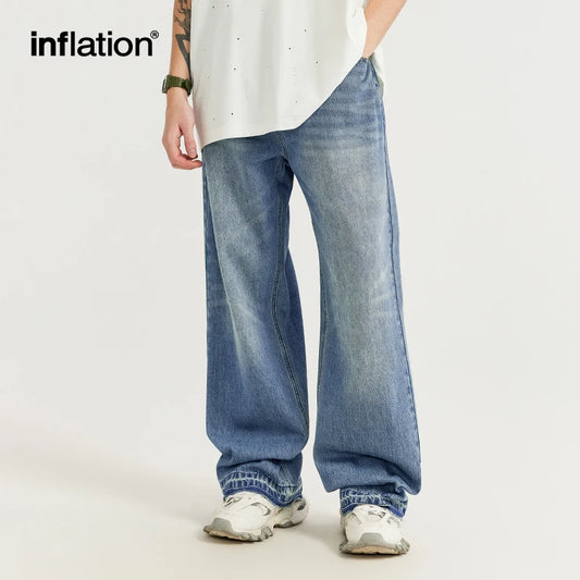 INFLLATION Retro Washed Denim Pants Men Classic Jeans Trousers