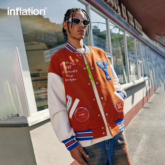 INFLATION Leather Patch Embroidery Varsity Jacket