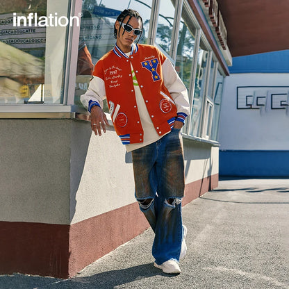 INFLATION Leather Patch Embroidery Varsity Jacket - INFLATION