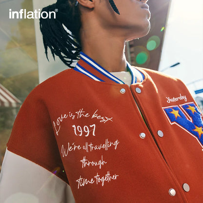 INFLATION Leather Patch Embroidery Varsity Jacket - INFLATION