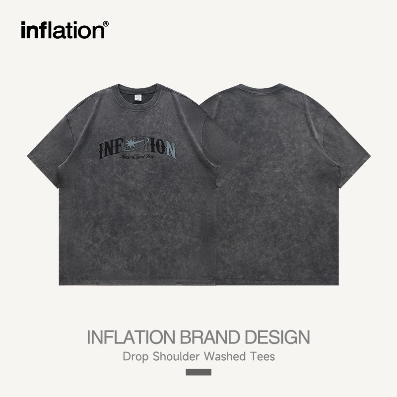 INFLATION Logo Printed Drop Shoulder Washed Vintage Tees - INFLATION