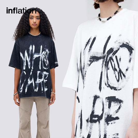 INFLATION American street retro hand-painted letters washed and distressed short sleeves - INFLATION
